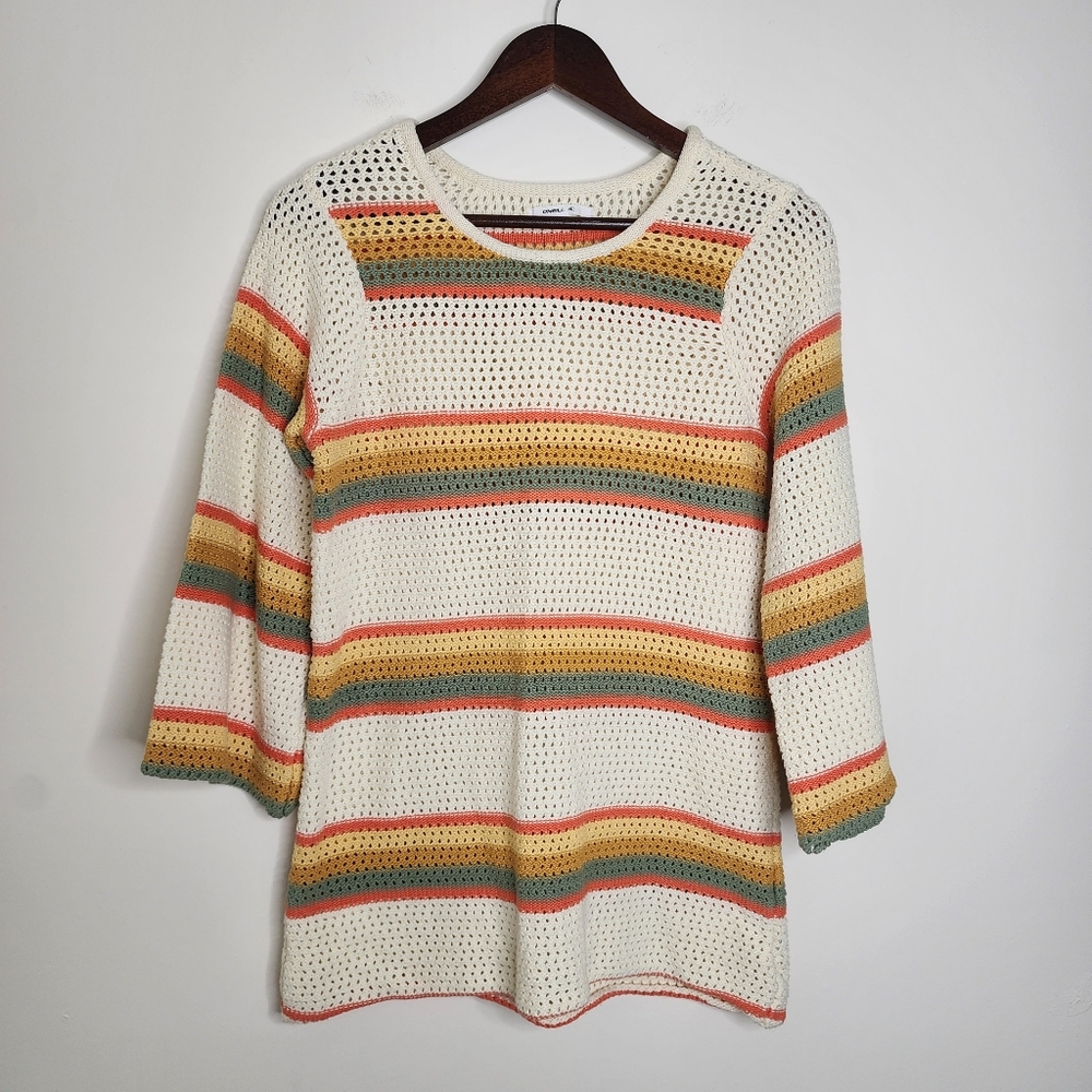 O'neill Striped Open Knit Beach Cover-up Tunic Bell Sleeve Sweater Top Sm Summer